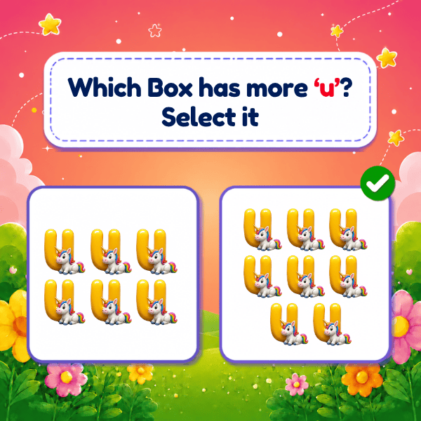 Choose the box with more or less objects that start with Lowercase Letter "u" game