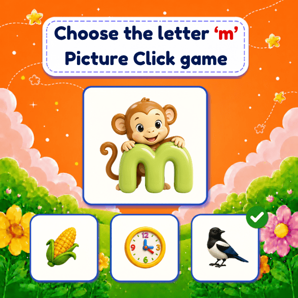 Choose the Lowercase Letter "m" Picture Click game