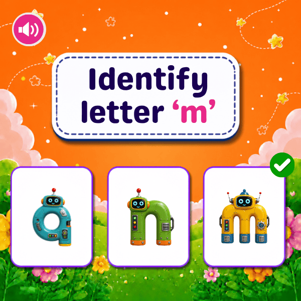 Lowercase Letter "m" object identification game.