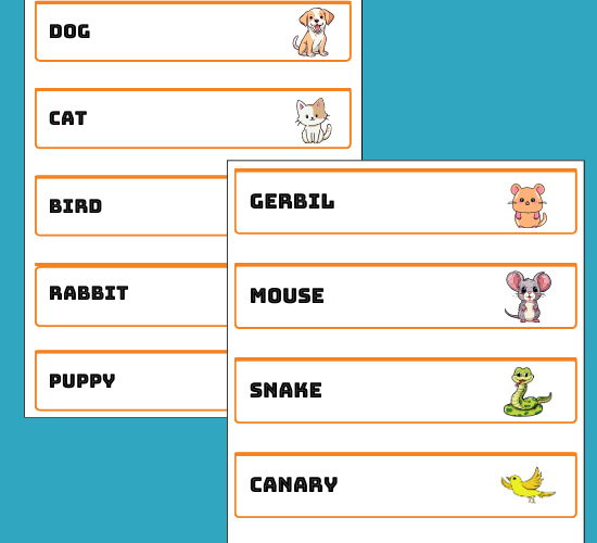 Pets Topic Word Cards
