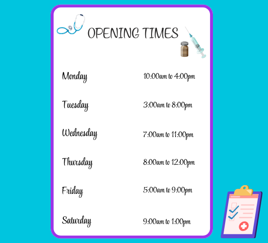 Doctor's Surgery Opening Times Poster Cursive