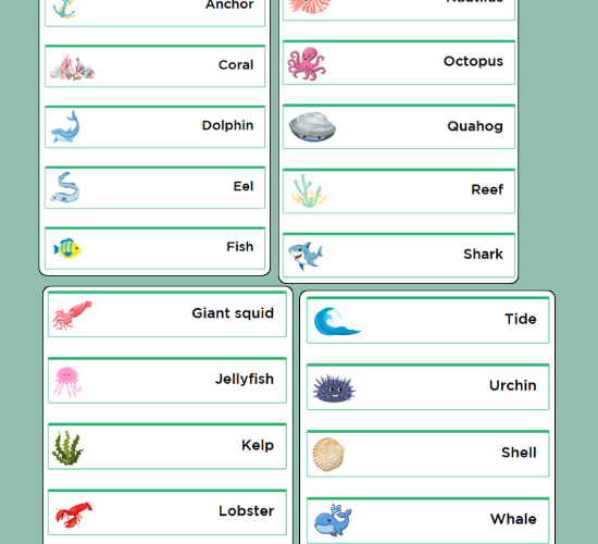 Under the Sea Word Cards(cursive Version)