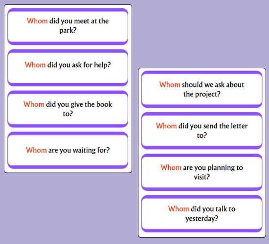 "Whom?" Question Types Word Cards