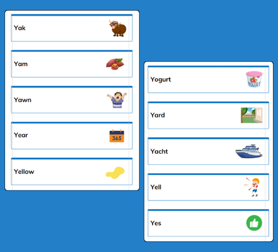 Initial Y Sound Word Cards