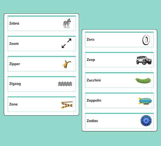 Initial Z Sound Word Cards