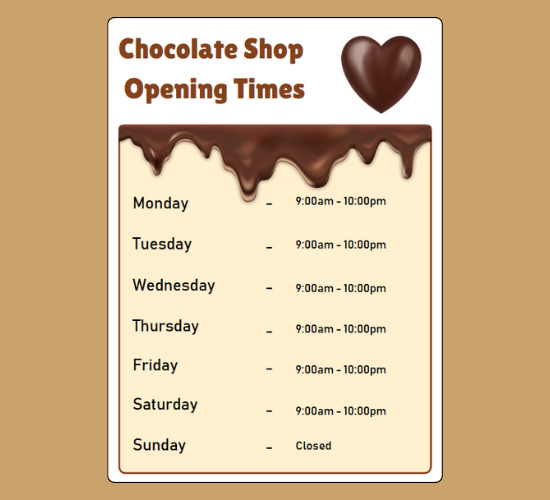 Chocolate Shop Role Play Opening Times