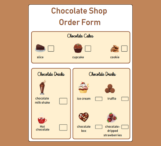Chocolate Shop Role Play Order Form