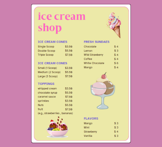 Ice Cream Menu