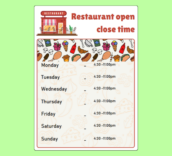 Restaurant Open Close Time