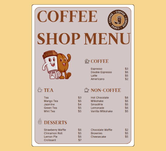 Coffee Shop Menu
