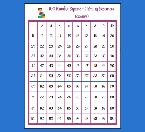 100 Number Square - Primary Resources Cursive