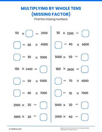 Multiplying by Whole Tens (missing Factor)