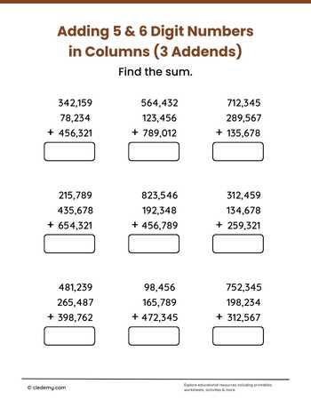 Adding 5 and 6 Digit Numbers in Columns and 3 Addends