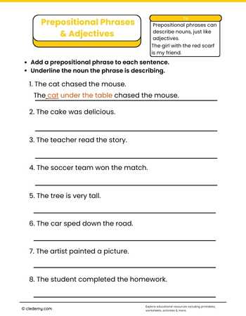 Prepositional Phrases and Adjectives Grade 5