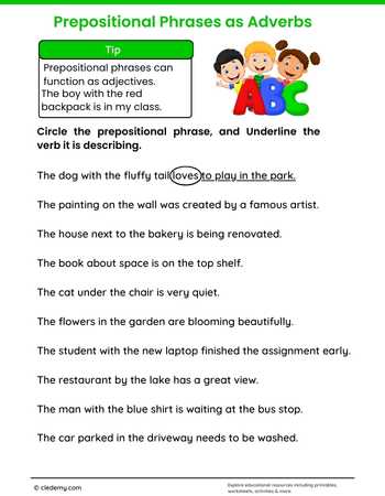 Prepositional Phrases as Adverbs Grade 5