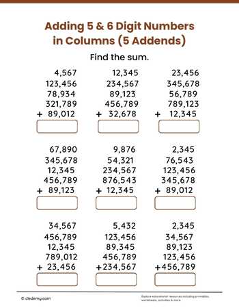 Adding 5 and 6 Digit Numbers in Columns and 5 Addends Worksheets ...
