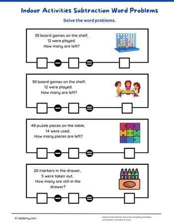 Indoor Activities Subtraction Word Problems