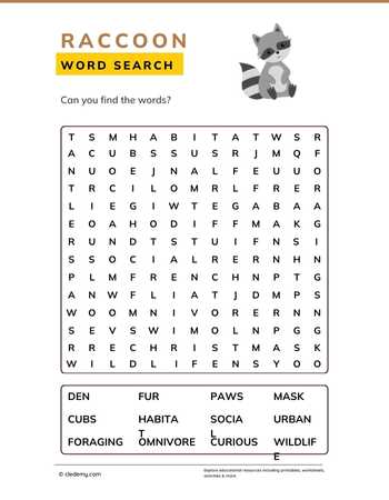 Raccoon Word Search Puzzle