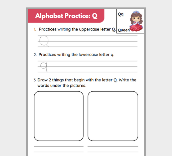Letter Q Writing and Drawing Practice