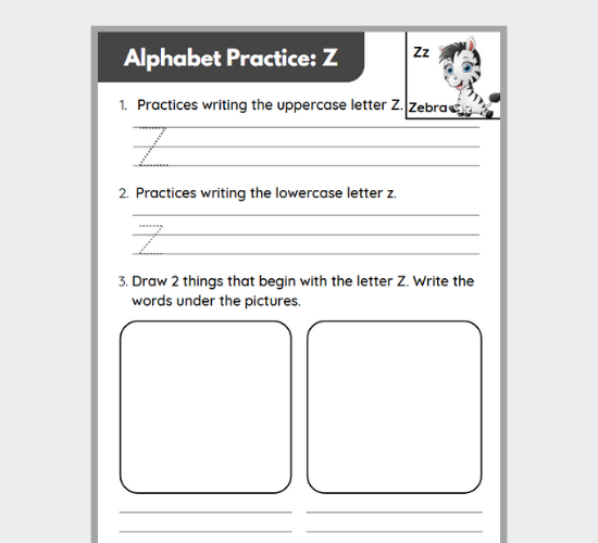 Letter Z Writing and Drawing Practice
