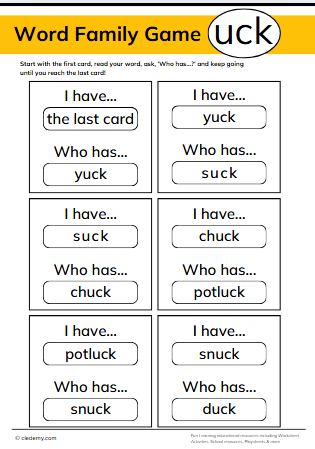 Who Has? Uck Words Family Game