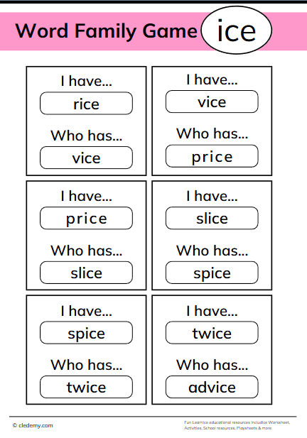Who Has Ice Words Family Game
