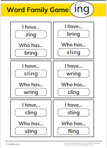 Who Has? Ing Words Family Game