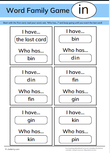 Who Has? In Words Family Game