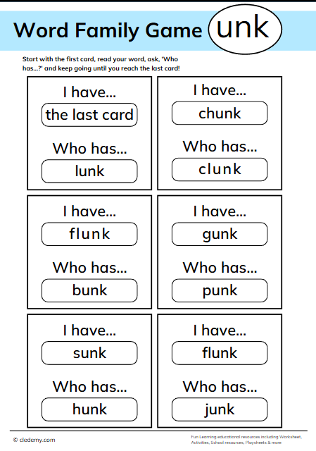 Who Has? Unk Words Family Game