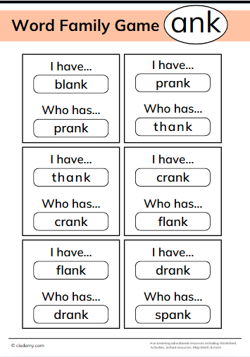 Who Has Ank Words Family Game