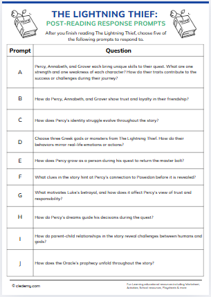 THE LIGHTNING THIEF:  Post-Reading Response Prompts
