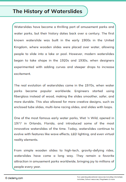 The History of Waterslides Reading Passage Comprehension
