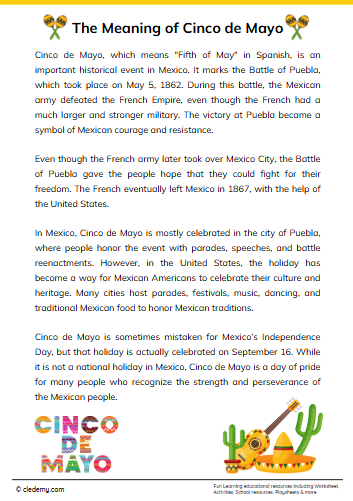 Cinco De Mayo Reading Passage Comprehension