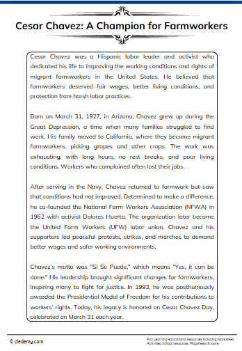 Cesar Chavez A Champion for Farmworkers Reading Comprehension