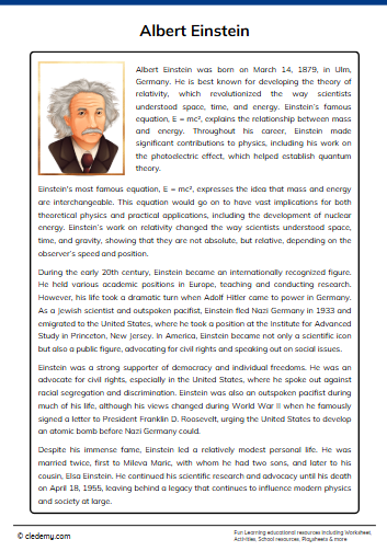 Albert Einstein Reading Comprehension