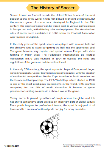 The History of Soccer Reading Passage Comprehension