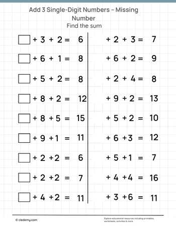 Add Three 1-Digit Numbers missing Addends-3