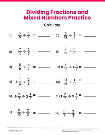 Dividing Fractions and Mixed Numbers Practice