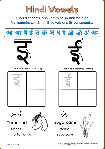 Hindi Vowel Practice: Trace and Learn i and ee