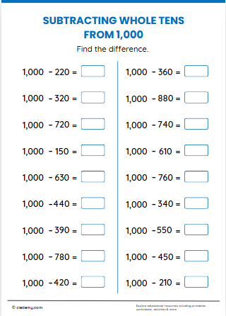 Subtracting whole tens from 1,000