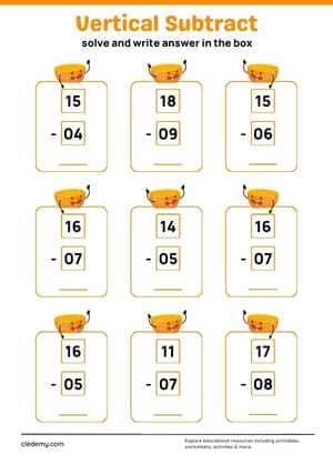 Vertical Subtraction Within 20 With Borrowing