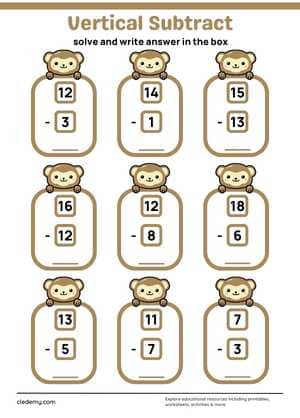 Vertical Subtraction Within 20 Without Borrowing